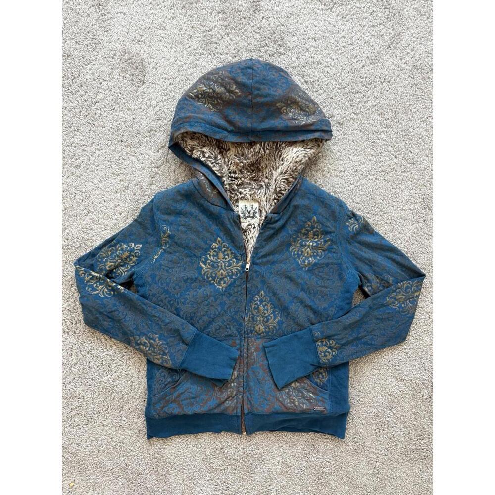 MISS ME Women's Faux Fur Lined Y2K‎ 2000’s Blue & GOLD Hooded Jacket Sz Med